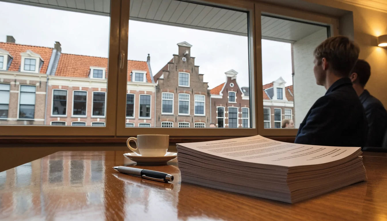 Vergadertafel met brochurevoorwaarden en lege koffiemok