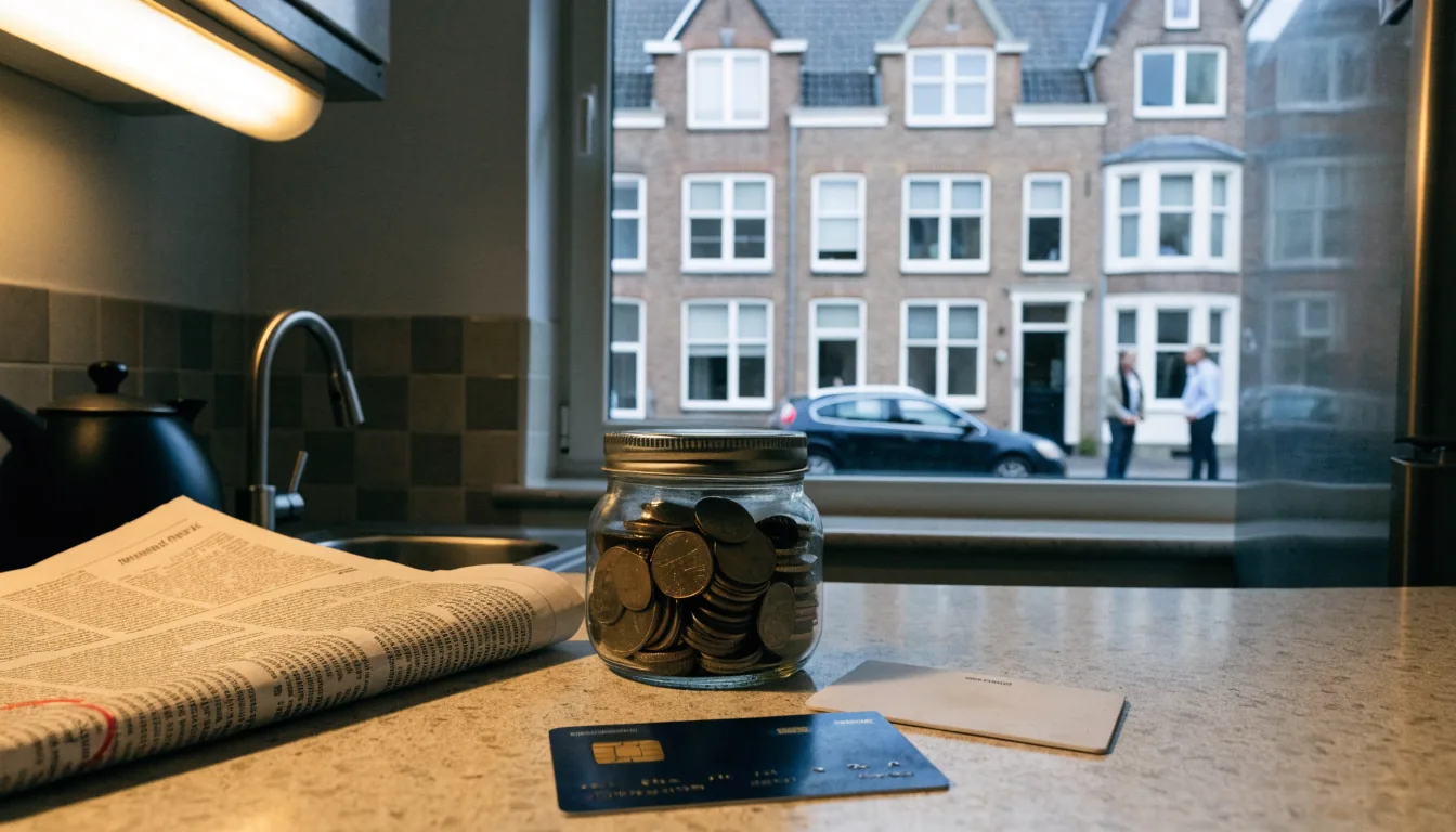 Creditcard op aanrecht naast krant met opinieartikel