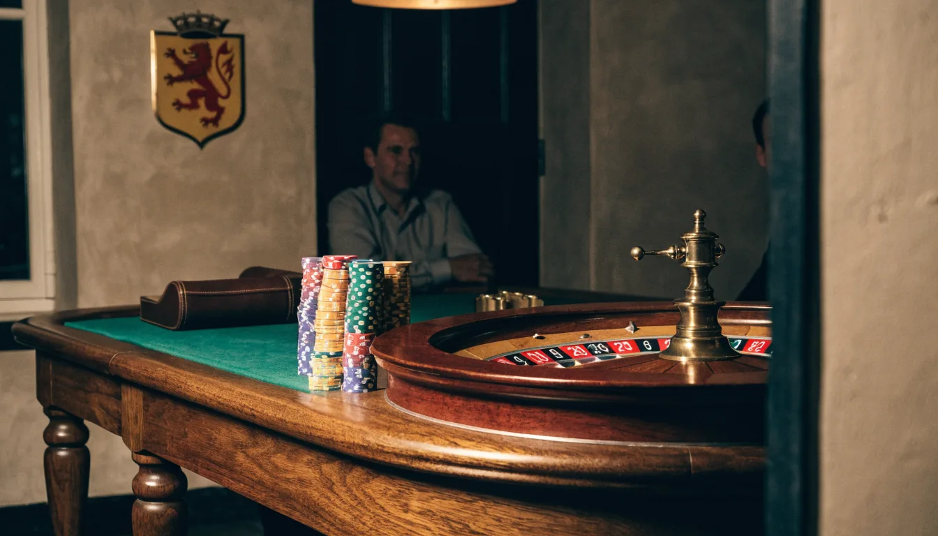 Houten casinotafel met roulettewiel en stapel fiches